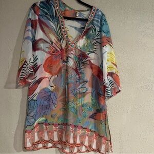 Antica Sartoria Swim Coverup Dress L? Bead Sequin Cotton Resort Beach Floral
